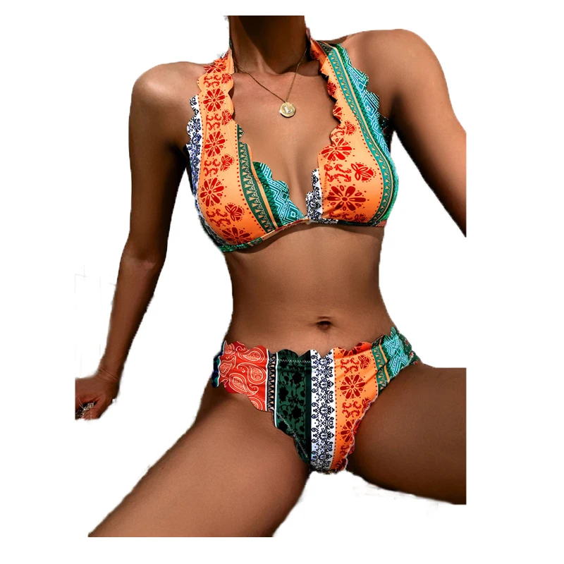 

2021 Sexy Women Bikini Swim Two-Piece Suits Fashion Print Ladies Swimsuit Beach Wear Sets Halter Swimwear Summer