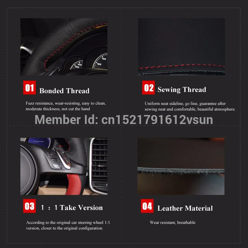 

For Audi A1 A3 A5 A7 High Quality Hand-stitched Anti-Slip Black Leather Red Thread DIY Steering Wheel Cover
