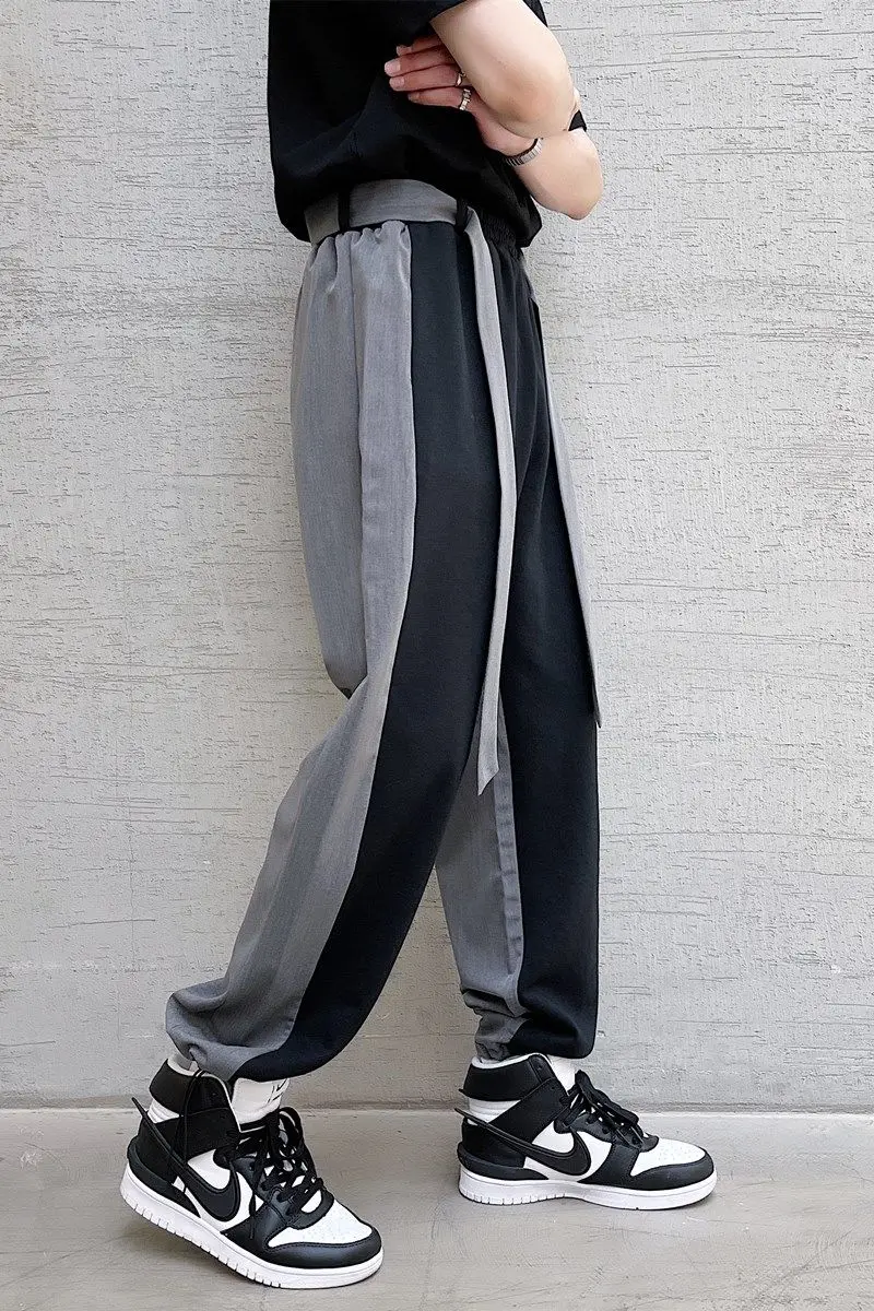 

IEFB Contrast Color Patchwork Design Men's Sports Casual Pants Lightweight Straight Turnup Pants Causal Trousers With Belt Y6990