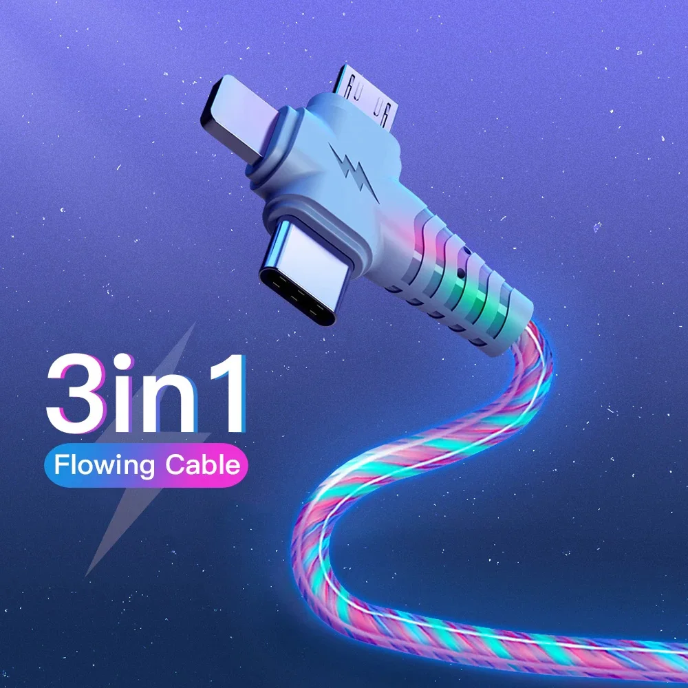 

Кабель зарядный 3-в-1 со светодиодной подсветкой, Micro USB Type-C, для Iphone 12, 11pro, Huawei Honor 9X, Xiaomi Redmi Note 5/5A
