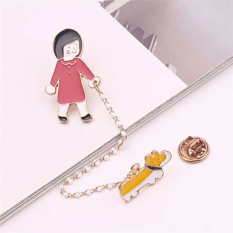 Милые Мультяшные Броши маленькая девочка прогулки с собакой скакалок положить шар Брошь цепочкой для детей