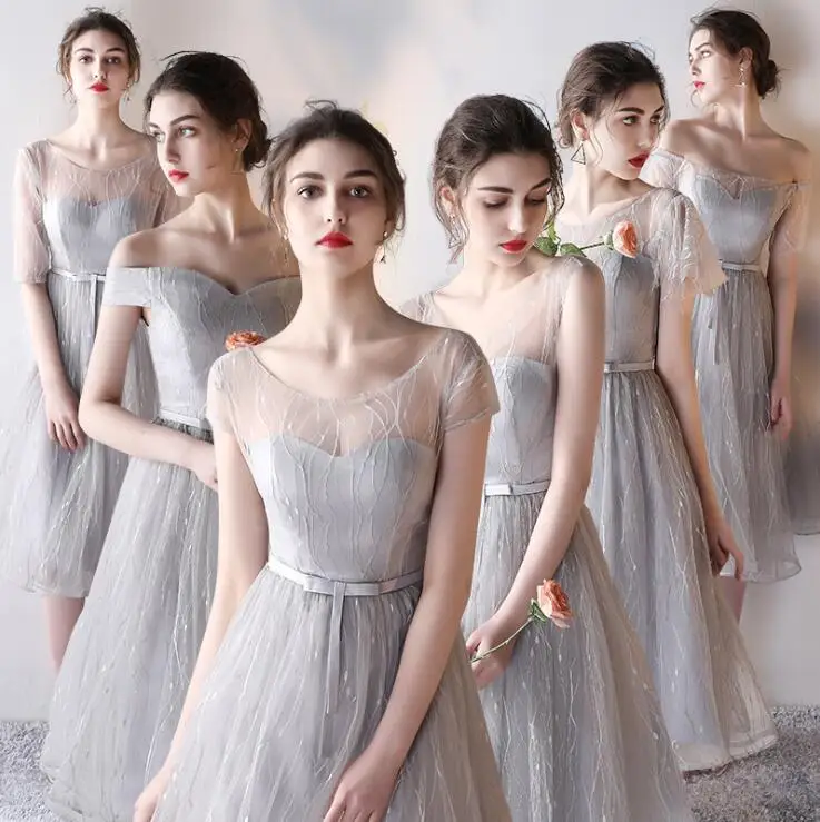 Элегантное серебристое платье подружки невесты сексуальное короткое фатиновое