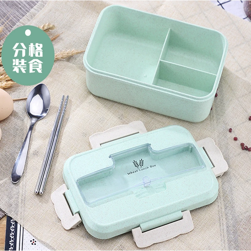

Microwave Lunch Box Wheat Straw Dinnerware with Spoon Chopsticks Food Storage Container Children Kids School Office Bento Box