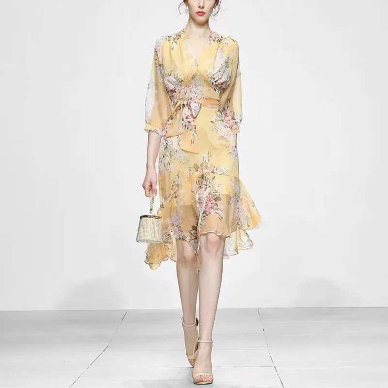 

IVY HE Floral Print Summer Chiffon Two Piece Set Women Suit High Waist Knee-Length Runway Skirt Sets Ruffles Party Dress Sets