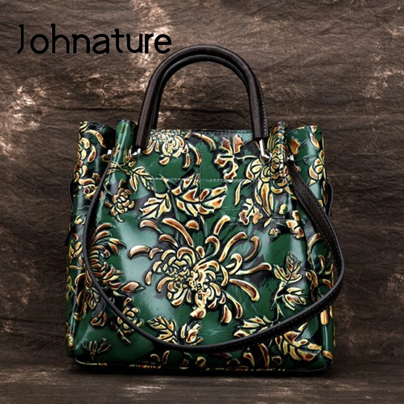 Женская винтажная сумка на молнии Johnature из натуральной воловьей кожи с тиснением
