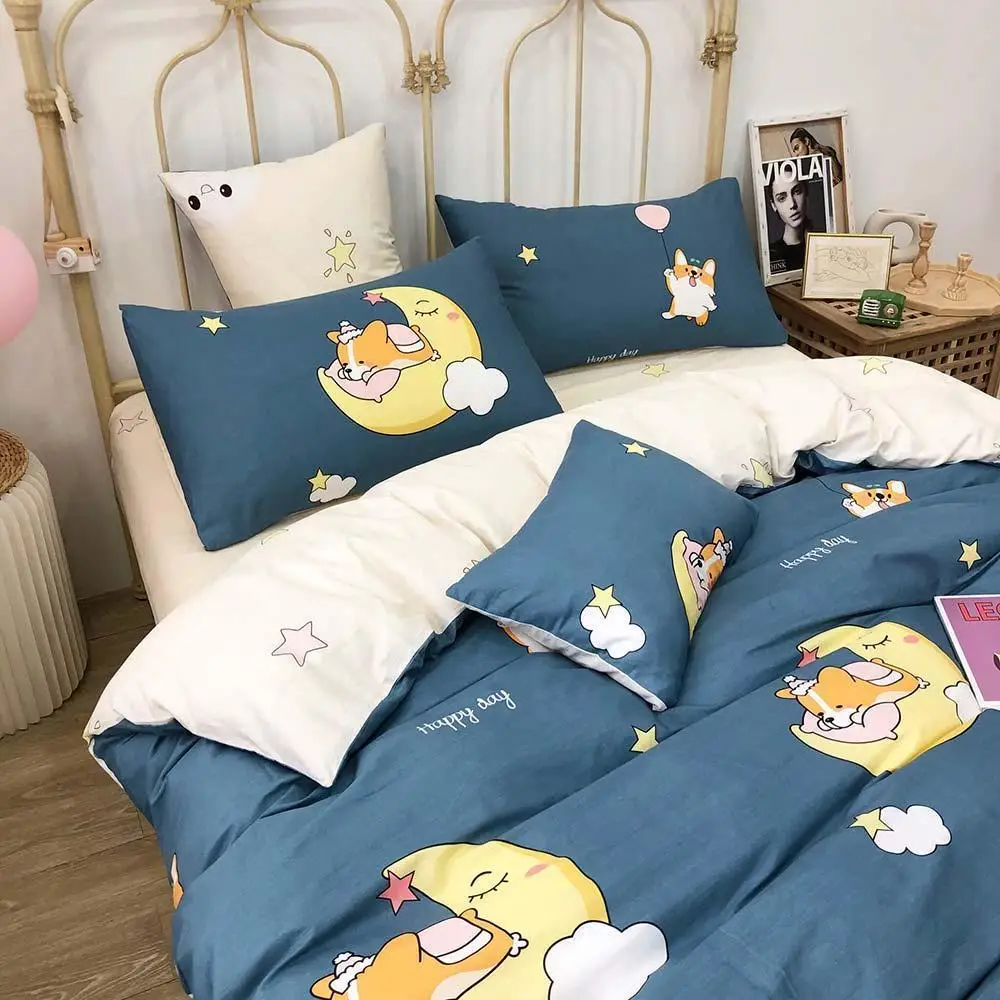 47 Cartoon Blue Corgi Moon Duvet Cover Set Kids Children Flat Sheet Cotton Bedlinens Twin Queen Bedding Sets Pillowcases | Дом и сад