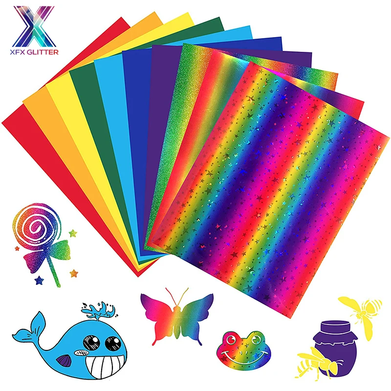 

XFX HTV 10PCS 12X10 In Rainbow HTV Iron on Heat Transfer Vinyl for Shirts Assorted Sunset Colors Glitter Rainbow Stickers Cricut