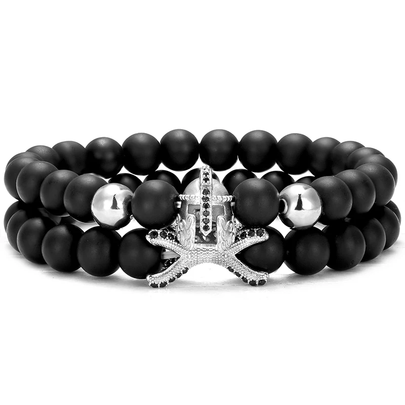 2 piece set /Novelty Fashion Knight Helmet CZ Pearl Bracelet Men 8mm Black Natural Stone Spartan Warrior Gladiator Yoga | Украшения и