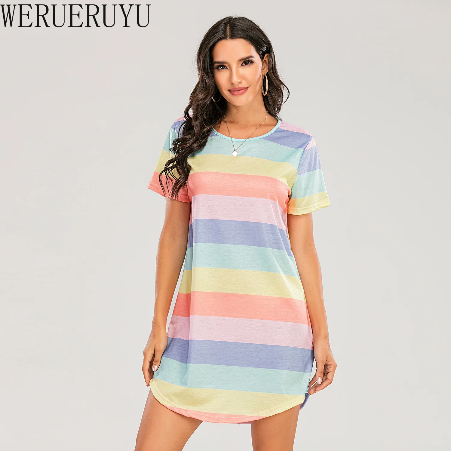 

2021 New Color Stripes Mini Summer Dress for Women Short Sleeve Casual Harajuku Korean O-Neck Short Dresses Vestidos