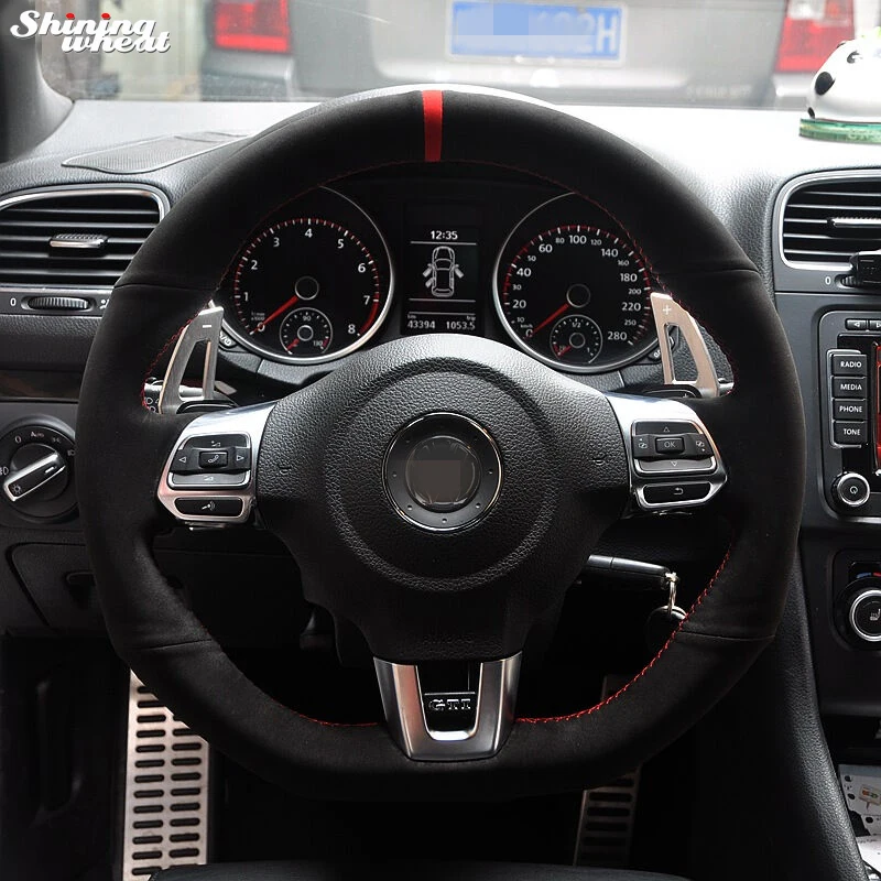 

Red Marker Black Suede Car Steering Wheel Cover for Volkswagen Golf 6 GTI MK6 VW Polo GTI Scirocco R Passat CC R-Line 2010