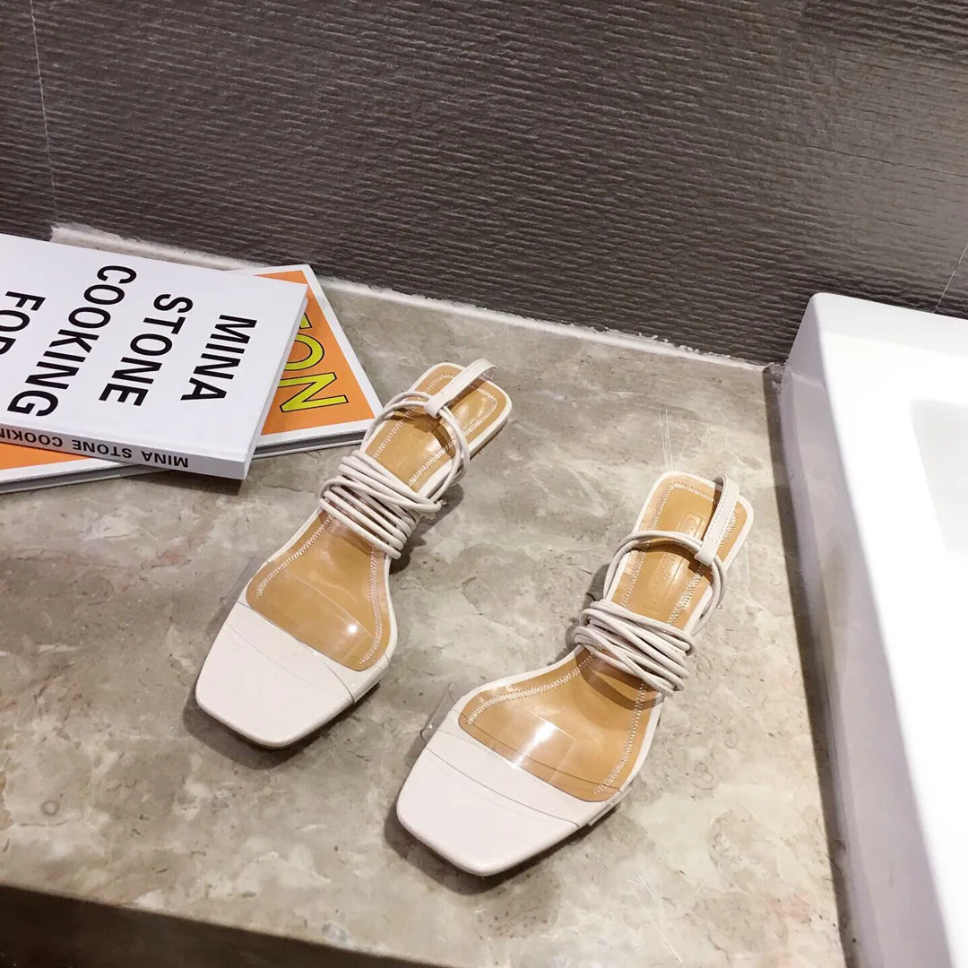 

One line strap high heels new summer 2020 flat head sexy open toe sandals women's slim heel fashion