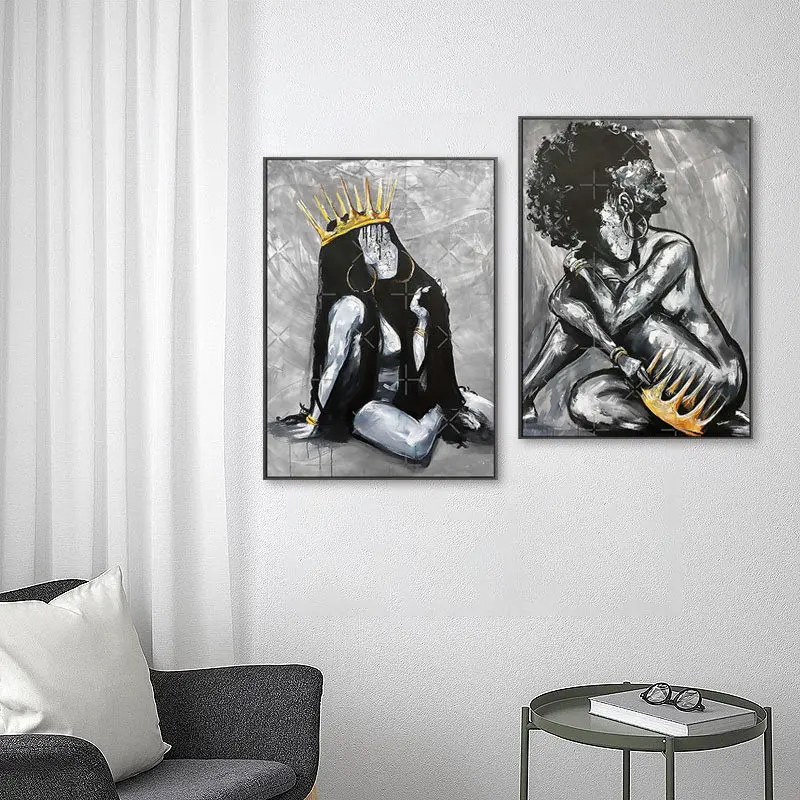 

Black African Nude Woman Oil Painting Golden Crown Girl Wall Art Canvas Poster Scandinavian Cuadros for Living Room Home Decor