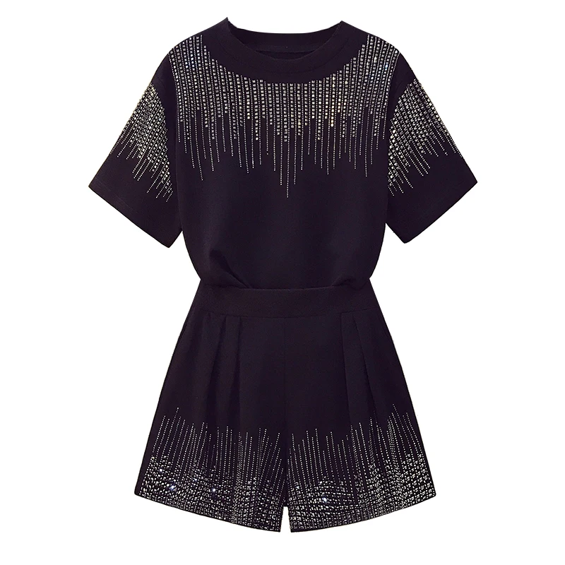 

5XL Plus Size 2021 New Hit Summer Black Two-Piece Sets For Women O-Neck T-Shirt + Short Pants Rhinestone Suits Female Outfits