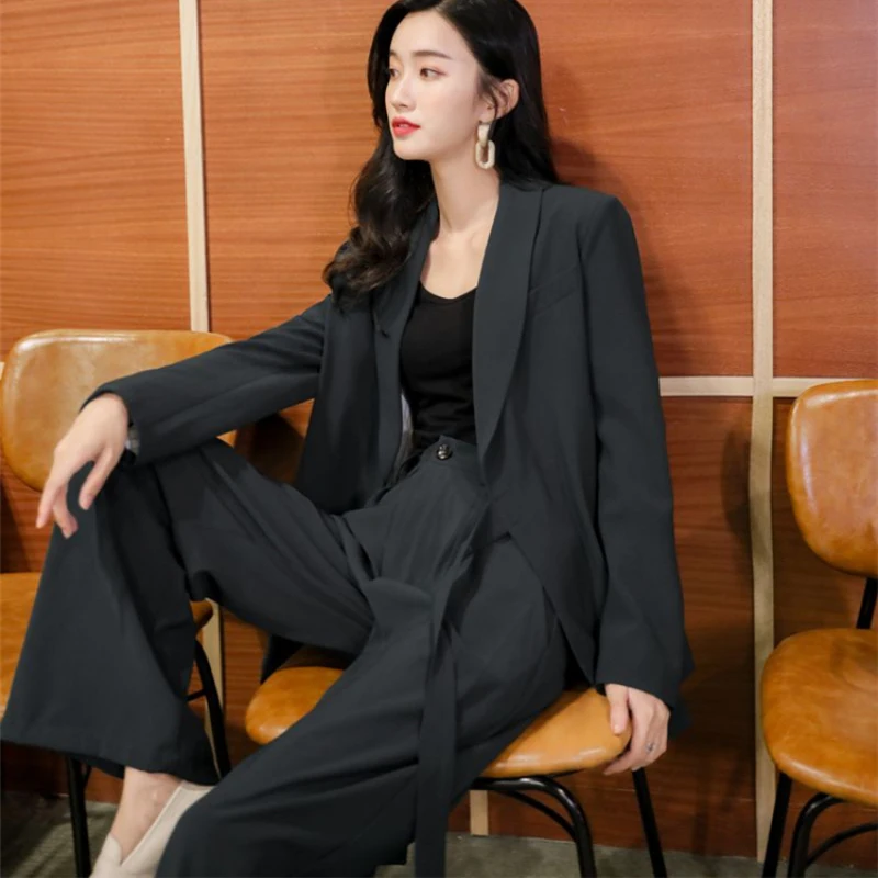 

2020 Spring Vintage Elegant Woman 2 Piece Sets Solid Blazers Wide Leg Pants Female Casual High Waist Lace UP Office Lady Suit