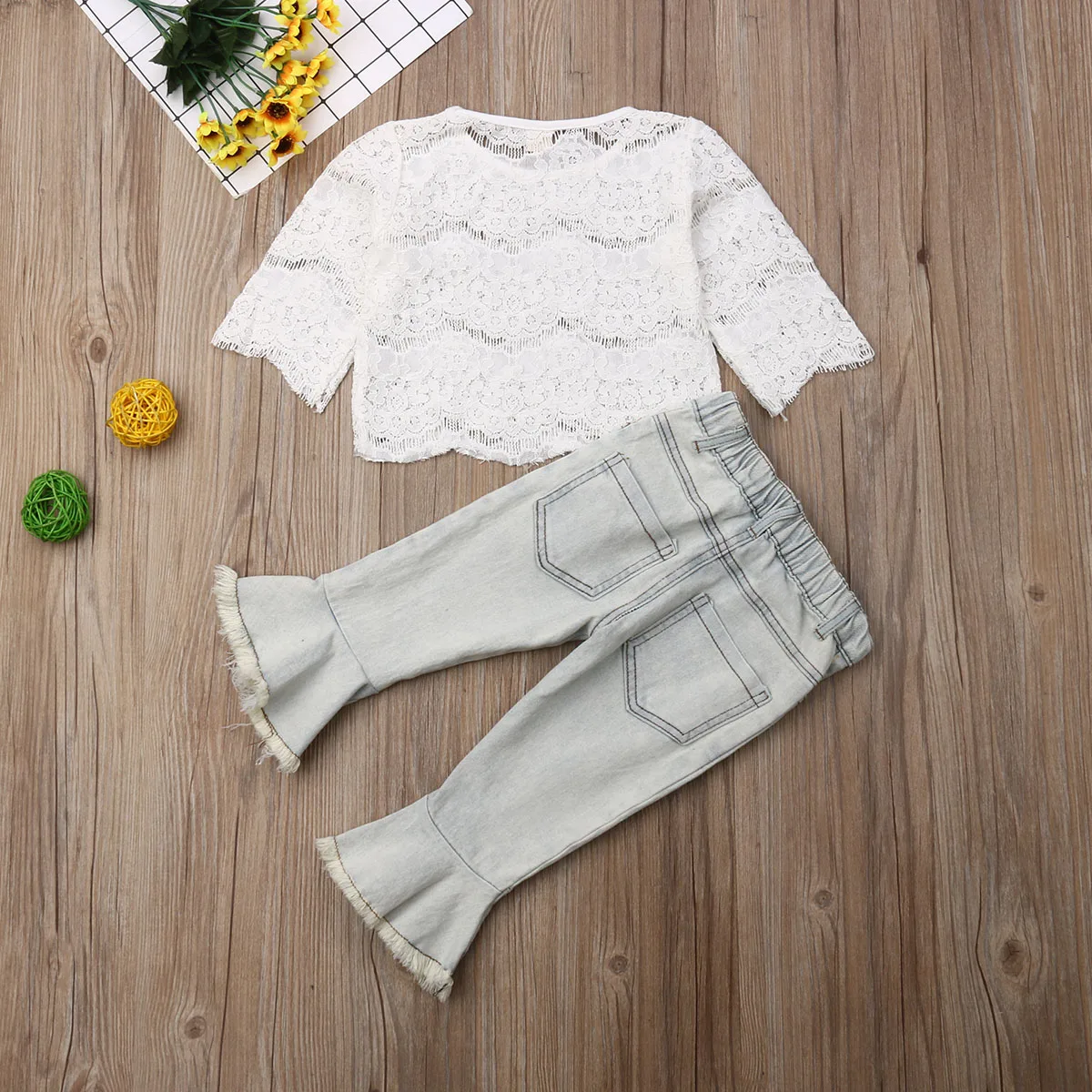 1-6Y Fashion Toddler Baby Girls Clothes Sets White Lace Top Shirt Denim Flared Pants Outfit Set