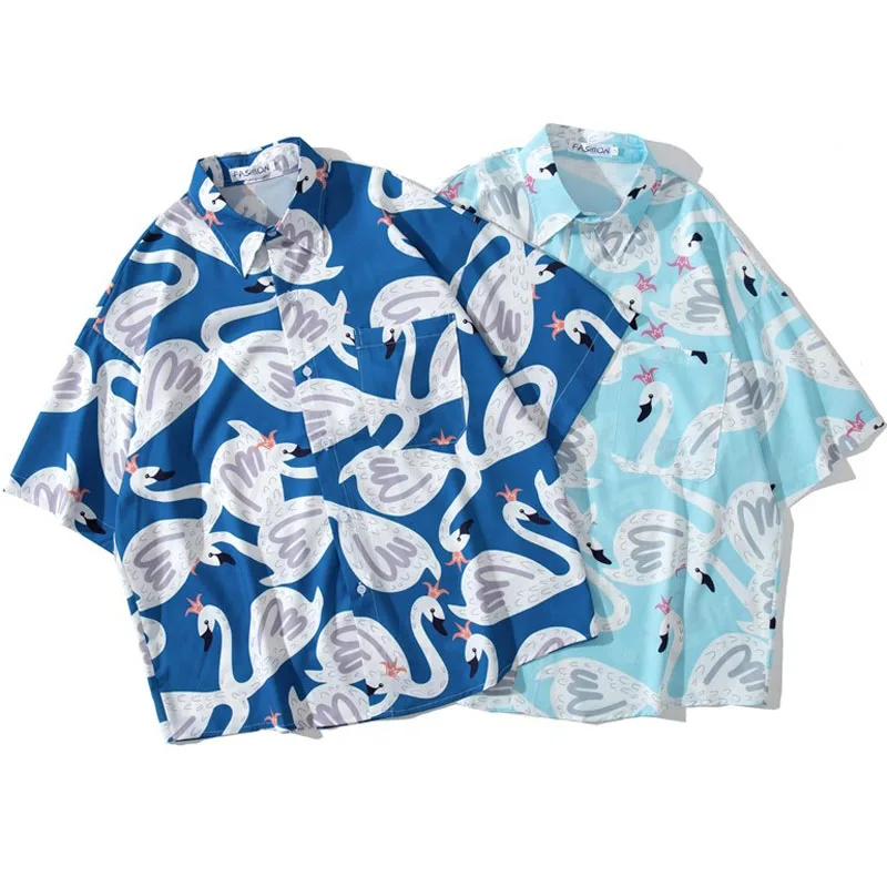 

Men Shirt Short Sleeve Blue 2021 New Summer Loose Fashion Cute Swan Male Shirt Thin Cartoons Student European Style S61