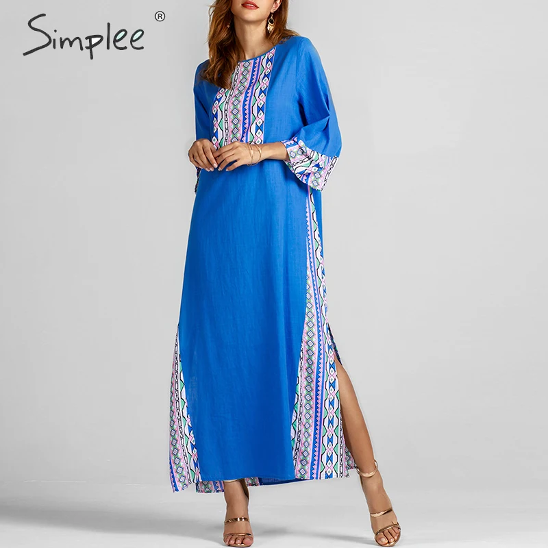 Женское летнее длинное платье Simplee с этническим синим принтом льняное круглым