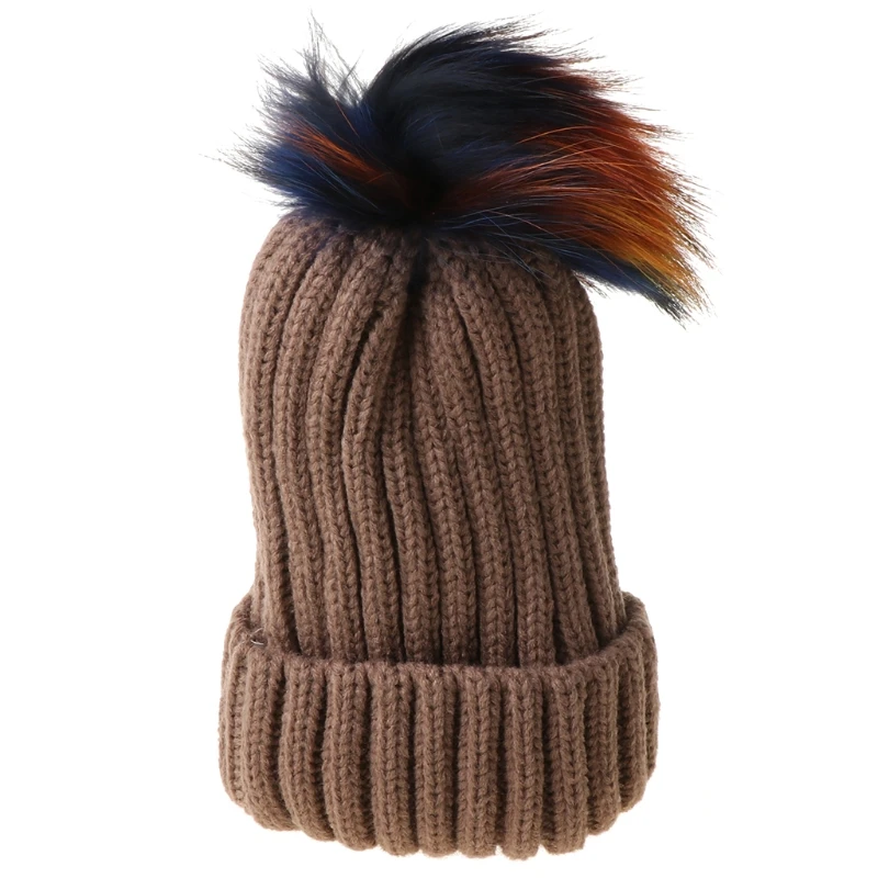 

Adult Kids Winter Ribbed Knitted Beanie Hat with Detachable Colorful Pom Pom Windproof Ski Cuffed Skull Cap Ear Warmer H9ED