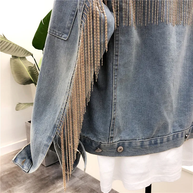 Новая джинсовая куртка с кисточками и блестками женские джинсы Корейская