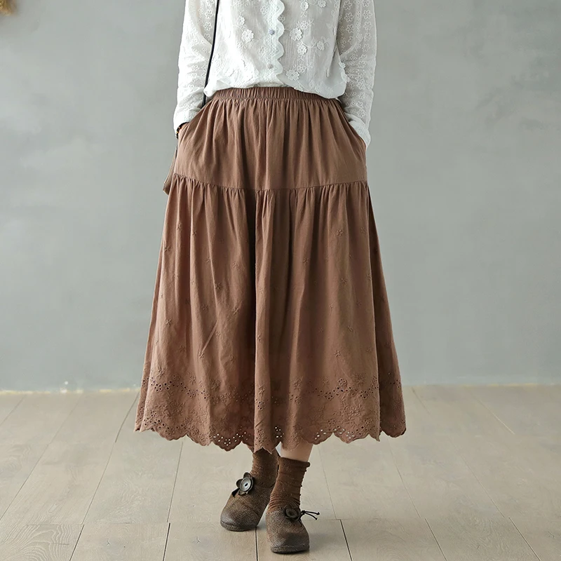 

Fairy pure color solid layers cotton 100% embroidery long skirt lolita vintage saia 2020 spring summer free dropshipping