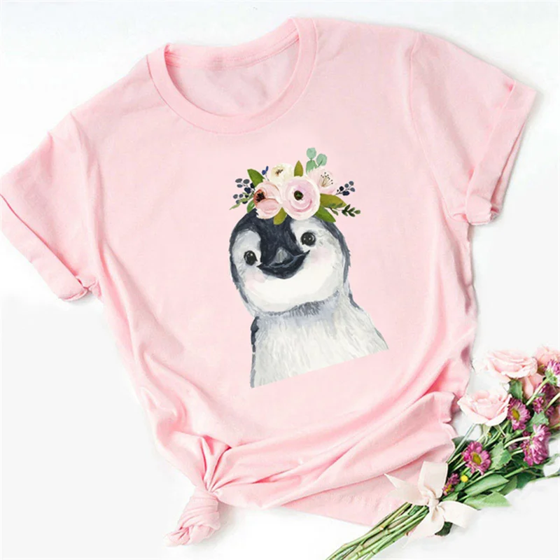 

Kawaii Cartoon Flower Penguin Animal Print Women Short Sleeve Casual Pink T-shirt Girls Harajuku Style Fashion Simple Clothes
