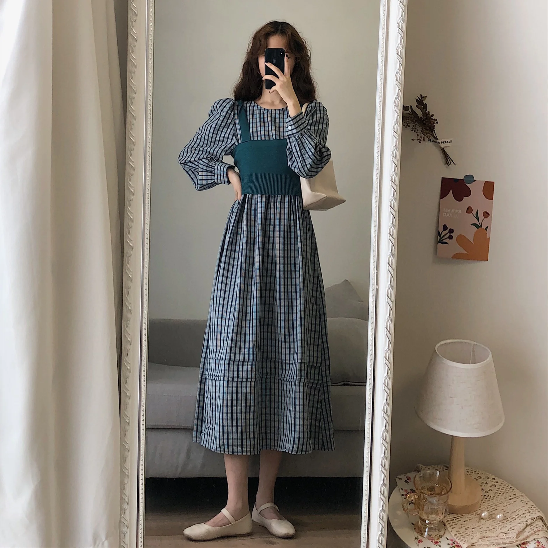 

Women Two-piece Suit Spring Vintage Plaid Dress Female O-Neck Long Sleeve Retro Elegant Dresses Ladies Fashion Casual Vestidos