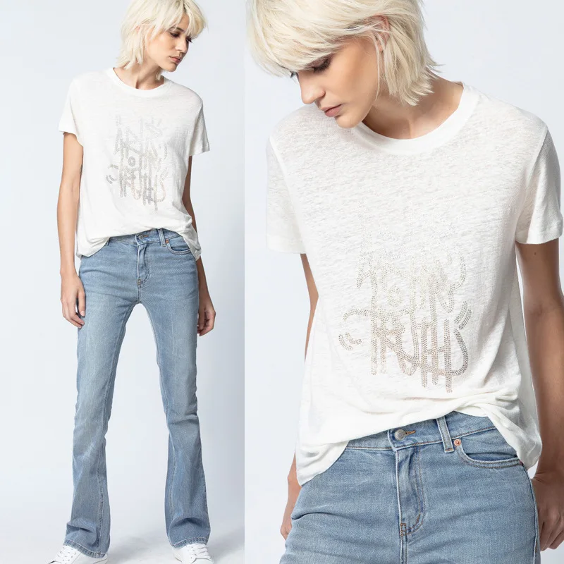 

2021 New Summer French Women's Classic Letter Champagne Gold Print 100% Cotton Outdoor Round Collar Short Sleeve T-Shirt