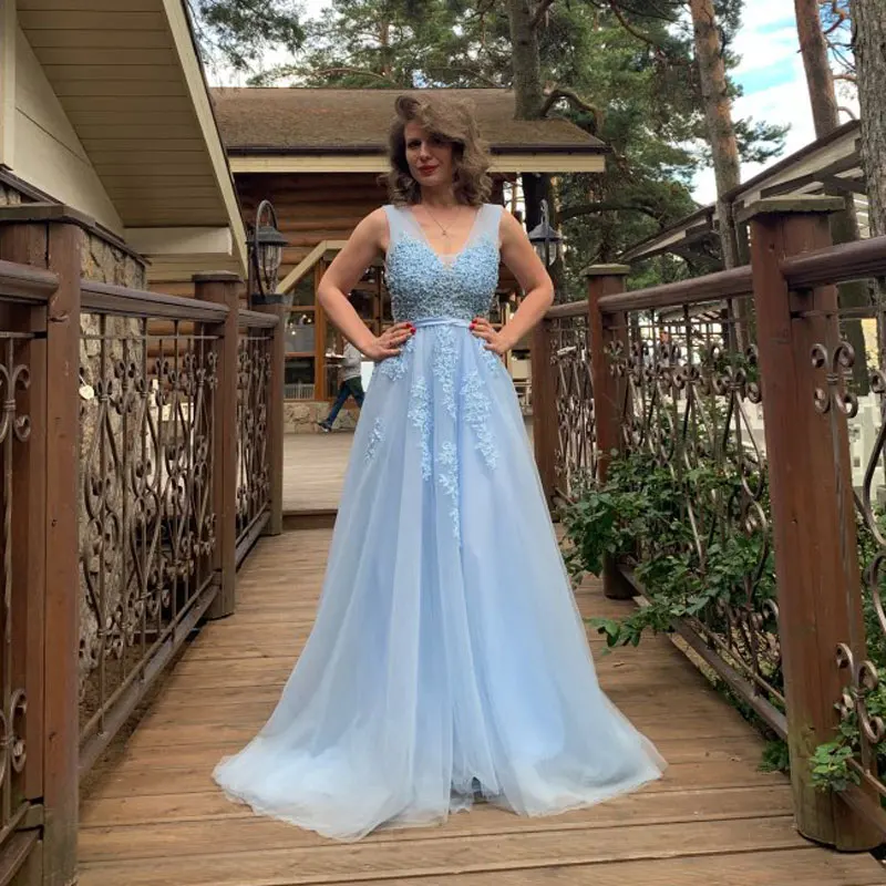 Новое поступление сексуальные вечерние платья Vestido de Festa ТРАПЕЦИЕВИДНОЕ платье для выпускного вечера кружевной халат, украшенный бисером De Soiree платье с v-образным вырезом на молнии - Цвет: sky blue
