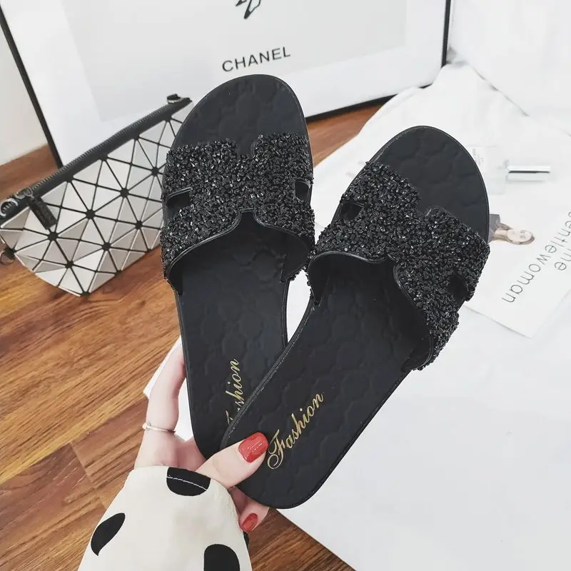 Стразы женские шлепанцы Летние сланцы пляжные блестящие сандалии с кристаллами