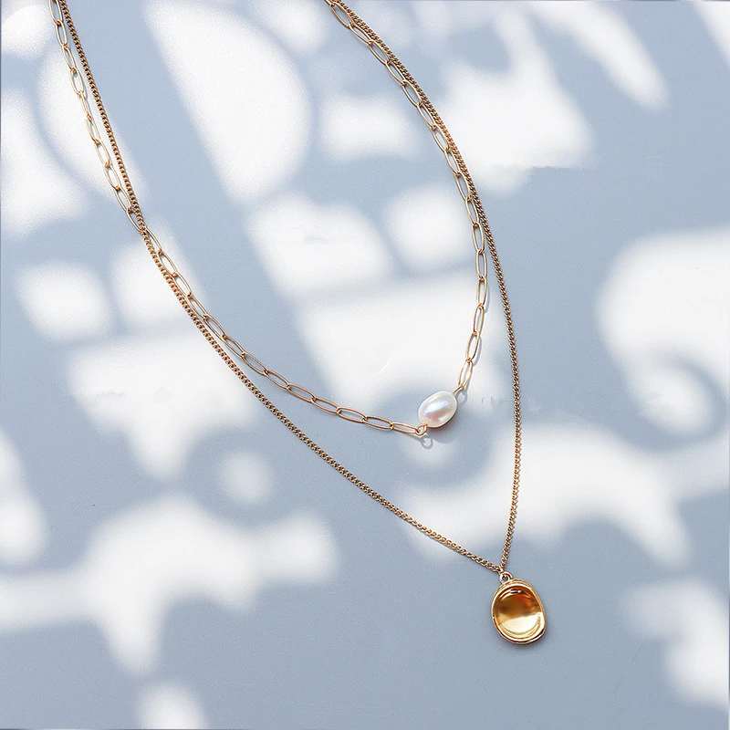 

TOSOKO Stainless Steel Jewelry Concavoconvex Pendant Double Layered Freshwater Pearl Necklace Fashion Clavicle Chain BSP831