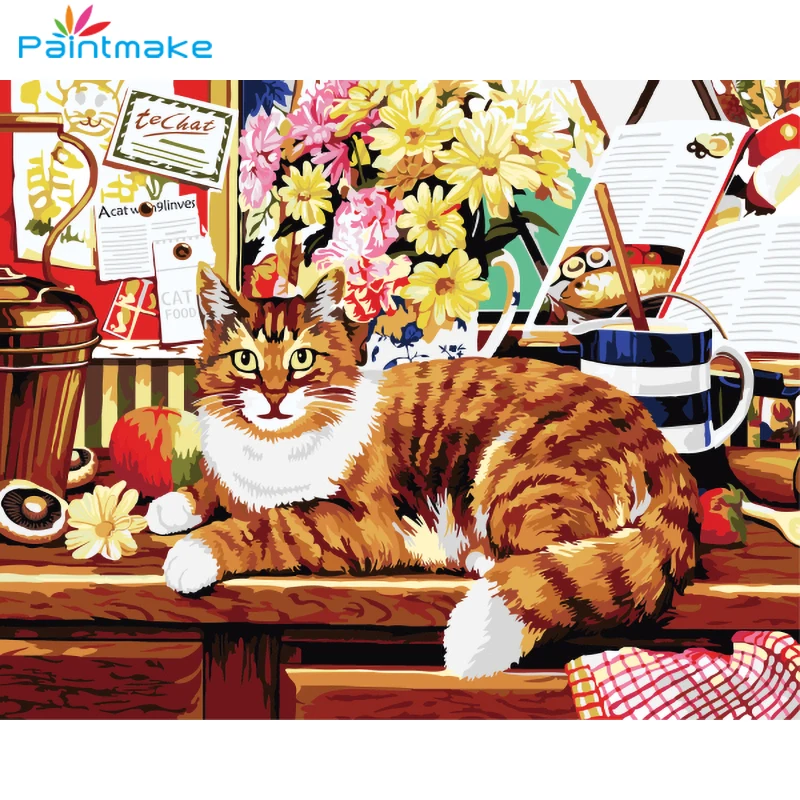 Paintmake животное DIY картина по номерам кошка масло ручная роспись на холсте милый