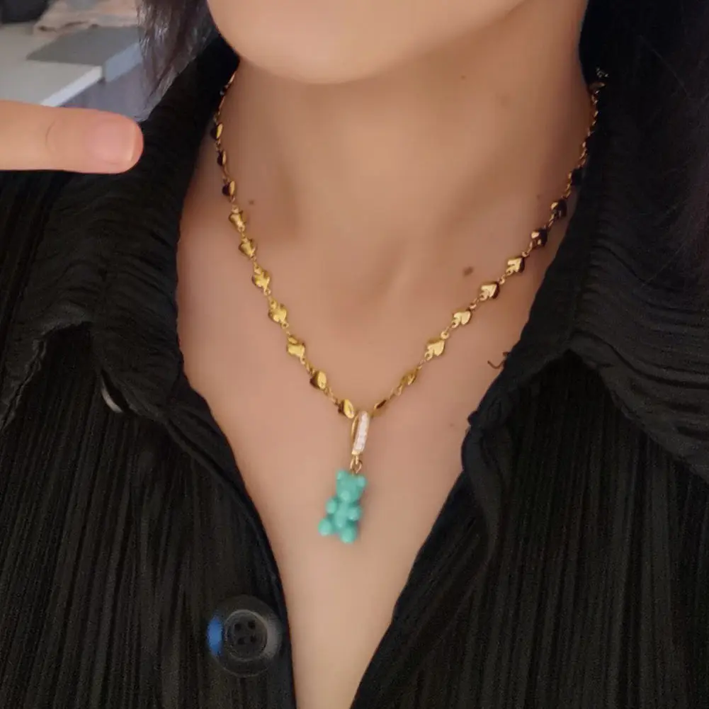 

Korean Gummy Bear Zircon Pendant Gold Silver Color Heart Chain Necklaces For Women Colorful Resin Choker Necklace Party Jewelry