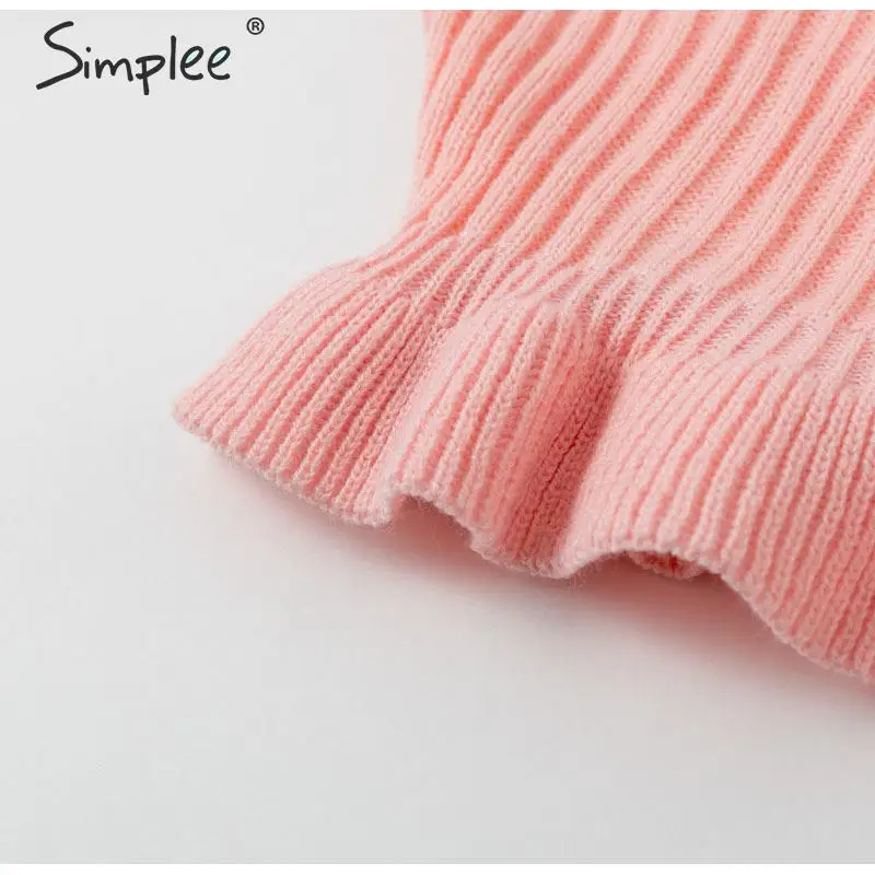Simplee Ruffle crop pink sweater women Striped solid fashion ladies pullover tops Streetwear elegant female long sleeve jumpers | Женская