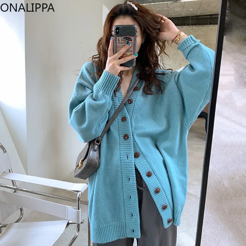 

Универсальный вязаный кардиган ONALIPPA, осень 2021, Корейская шикарная нишевая темпераментная свободная повседневная кофта карамельного цвета ...