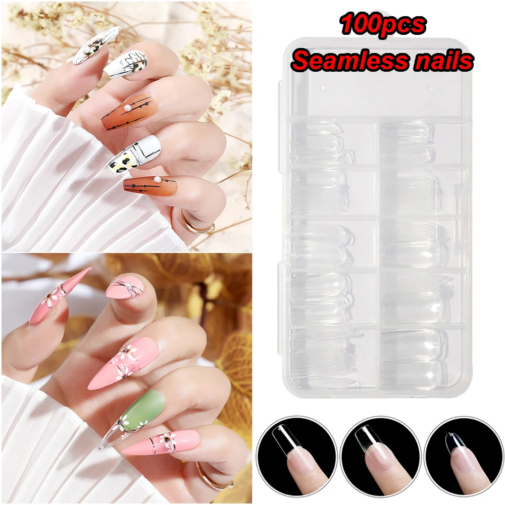 

100Pcs/box Transparent French Seamless False Nails Full Cover Ballerina Coffin Fake Nails Clear White Natural Color False Nail