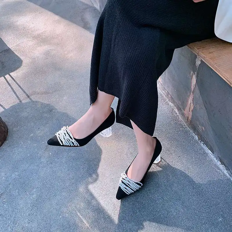 

Krazing Pot sheep suede pointed toe crystal high heels pearl decorations French romantic pretty girls dating sweet pumps L3f1