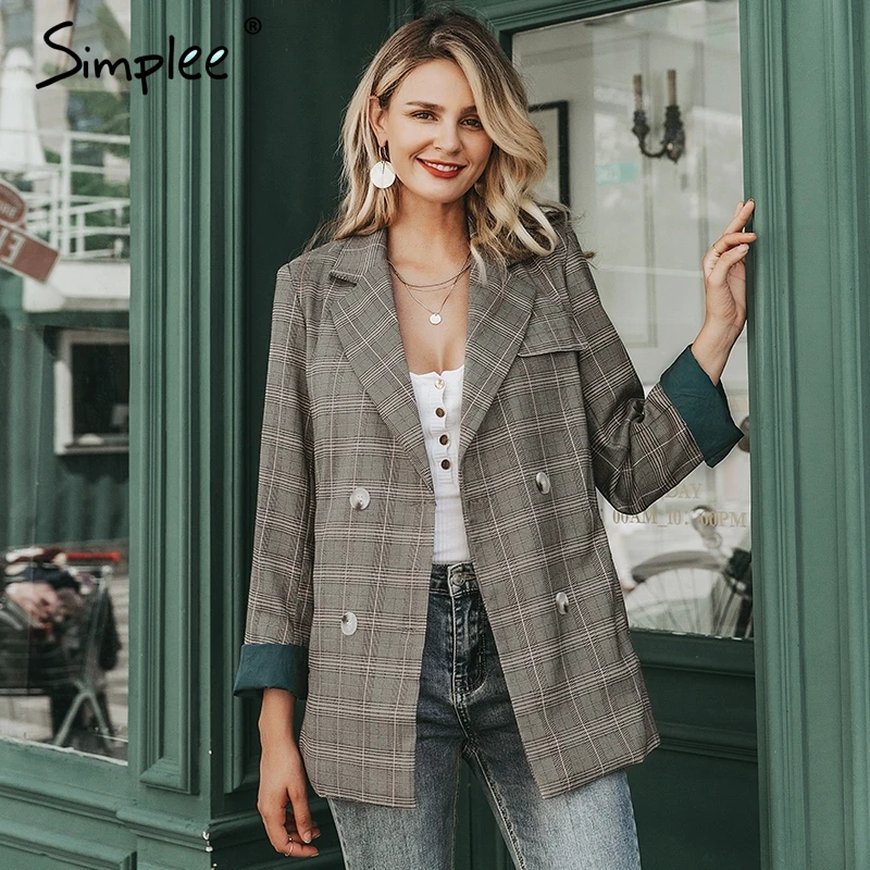 Simplee Plaid long sleeve female blazer Stripe lining office ladies Autumn winter casual outwear women jacket coat 2019 | Женская одежда