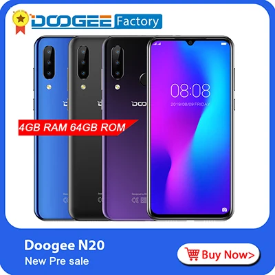 Мобильный телефон DOOGEE N20 16MP с тройной задней камерой 6,3 дюймов FHD+ дисплей 4 Гб 64 Гб MT6763 Восьмиядерный 4350 мАч мобильный телефон LTE