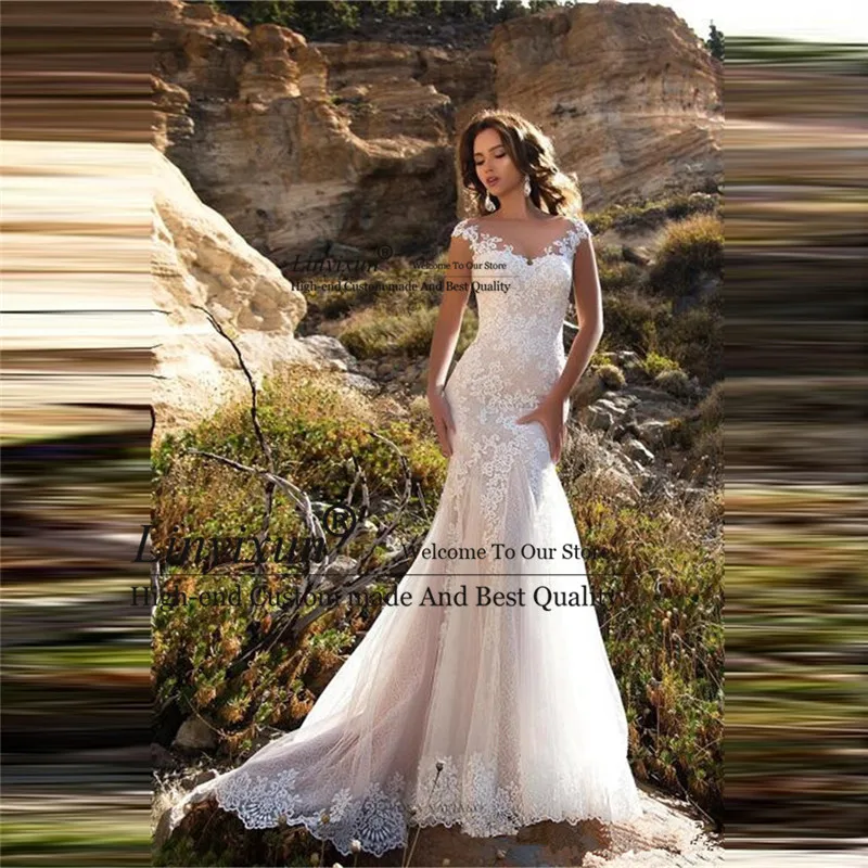 

Long Sleeve Wedding Dresses Mermaid Bridal Dress 2021 Lace Appliques Button Elegant Bridal Gowns Plus Size Vestido De Noiva