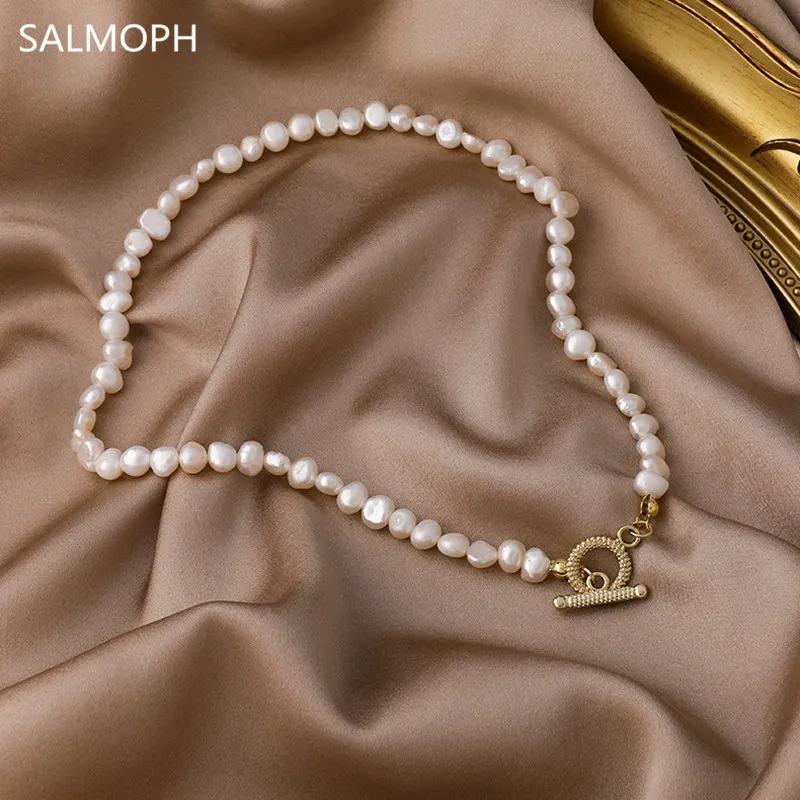 

Baroque Natural Freshwater Pearl Necklace Women Vintage Contracted Temperament OT Buckle Short Collarbone Chain Jewelry Gift