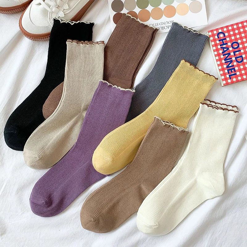 

Women's Socks Pure Color Cotton Knitted Socks Fashion Girls Spring Lei Silk Socking Leisure Comfort Home Socks
