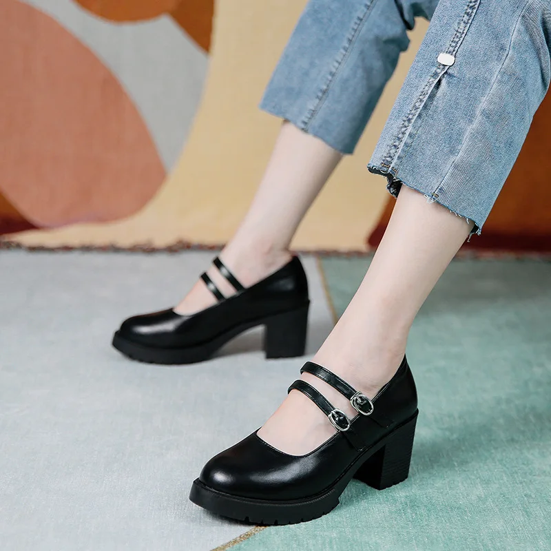 

Large Size High Heel Waterproof Platform Mary Jane Shoes Female Jk British Style Shallow Mouth Thick Heel Patent Leather Shoes