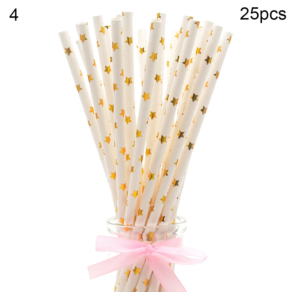 25Pcs Disposable Star Dot Stripe Paper Straws Kids Birthday Wedding Decoration | Дом и сад