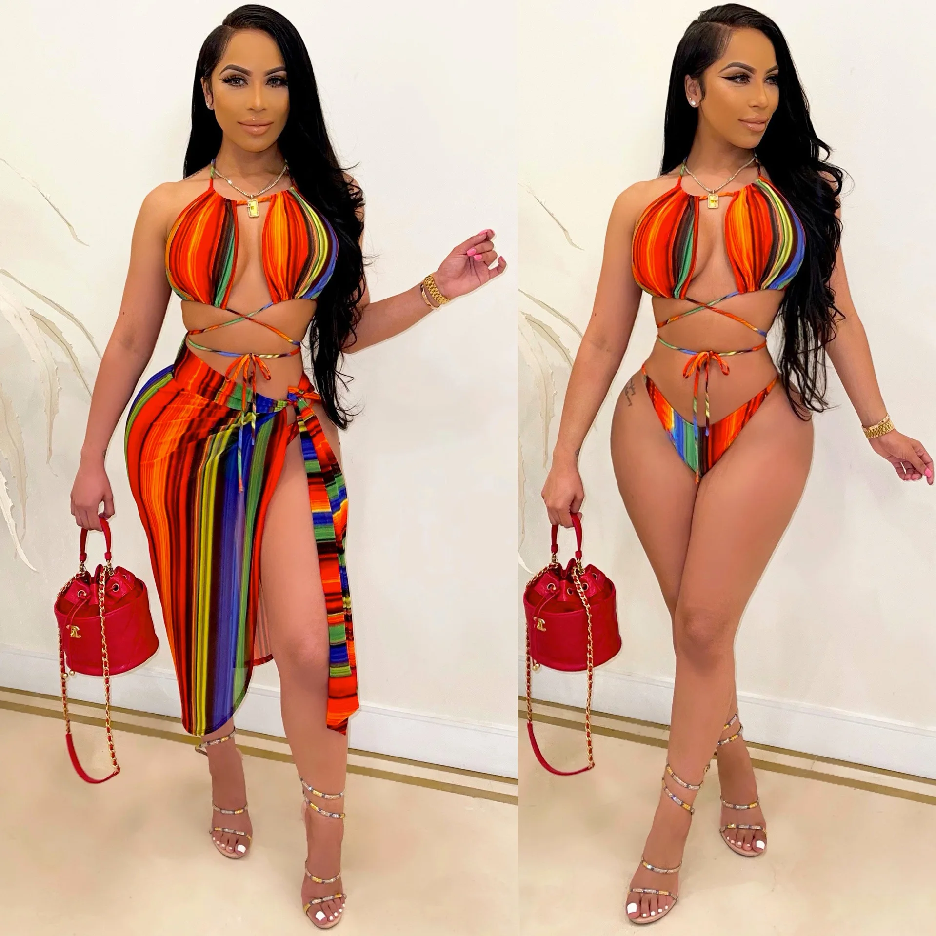 

Colorful Striped Print Cut Out Swimsuit Set Female Bohemian Beachwear Halter Bikini Top And Shorts And Asymmetrical Skirt
