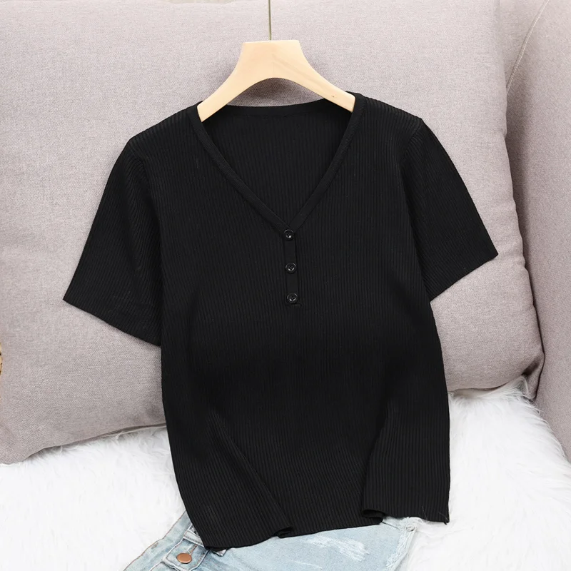 

Ice Silk Knitted T Shirt Women V-Neck Short Sleeve Slim Tee Shirt Femme 2021 Summer Tops Fashion Short Thin Tshirt