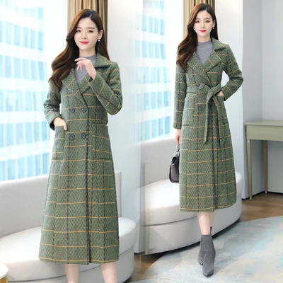 

High Quality Woollen Long Trench Coat Woman Fashion Overcoat Double Breaste Roupas Femininas Plaid Casaco Feminino