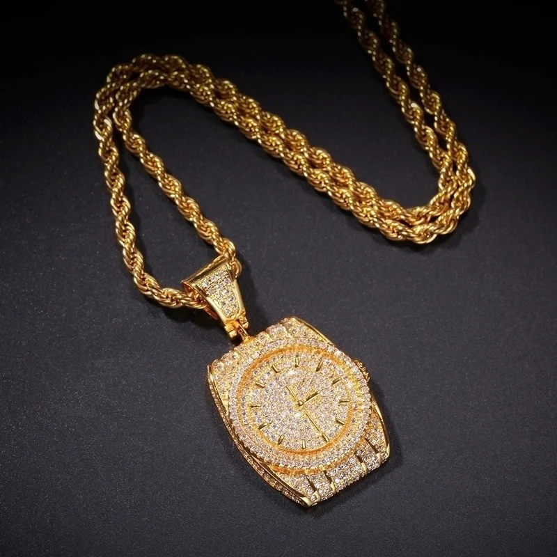 

Fashion Personality Popular Inlaid Zircon Watch Shape Metal Pendant Necklace for Men Trend Hip-Hop Rock Jewelry