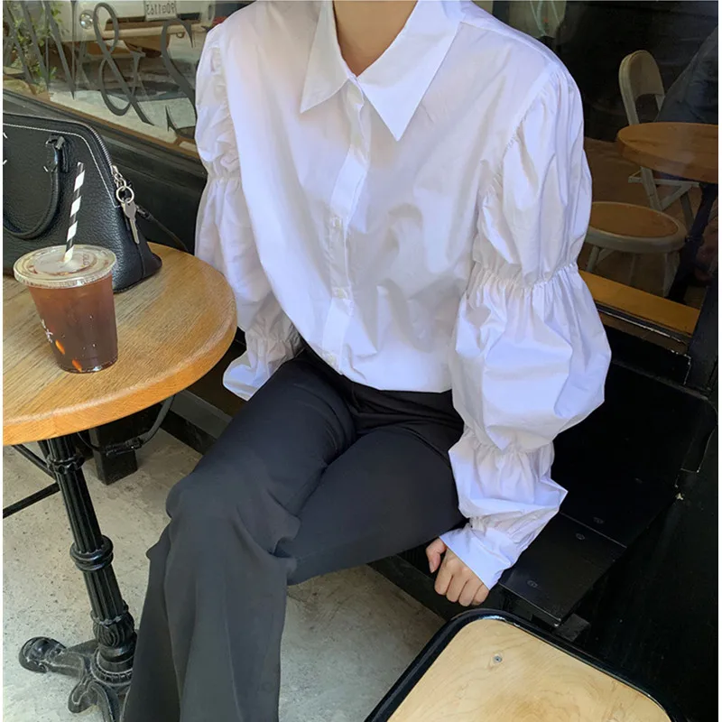 

2021 New Women White Shirt Puff Long Sleeve Turn Down Collar Korean Office Lady Blouse Fashion Single Breasted Shirts