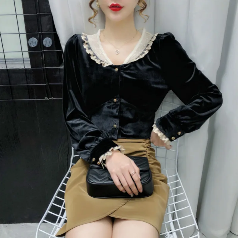 

2021 Spring New Velvet Shirt Blouse Western Style Long-Sleeved Lace Patchwork Vintage Black Women Sexy Tops