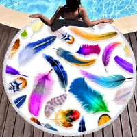 colorful feather fantasy 3d print round beach microfiber towel with tassel 150cm for swimming bath picnic bathroom kitchen towel